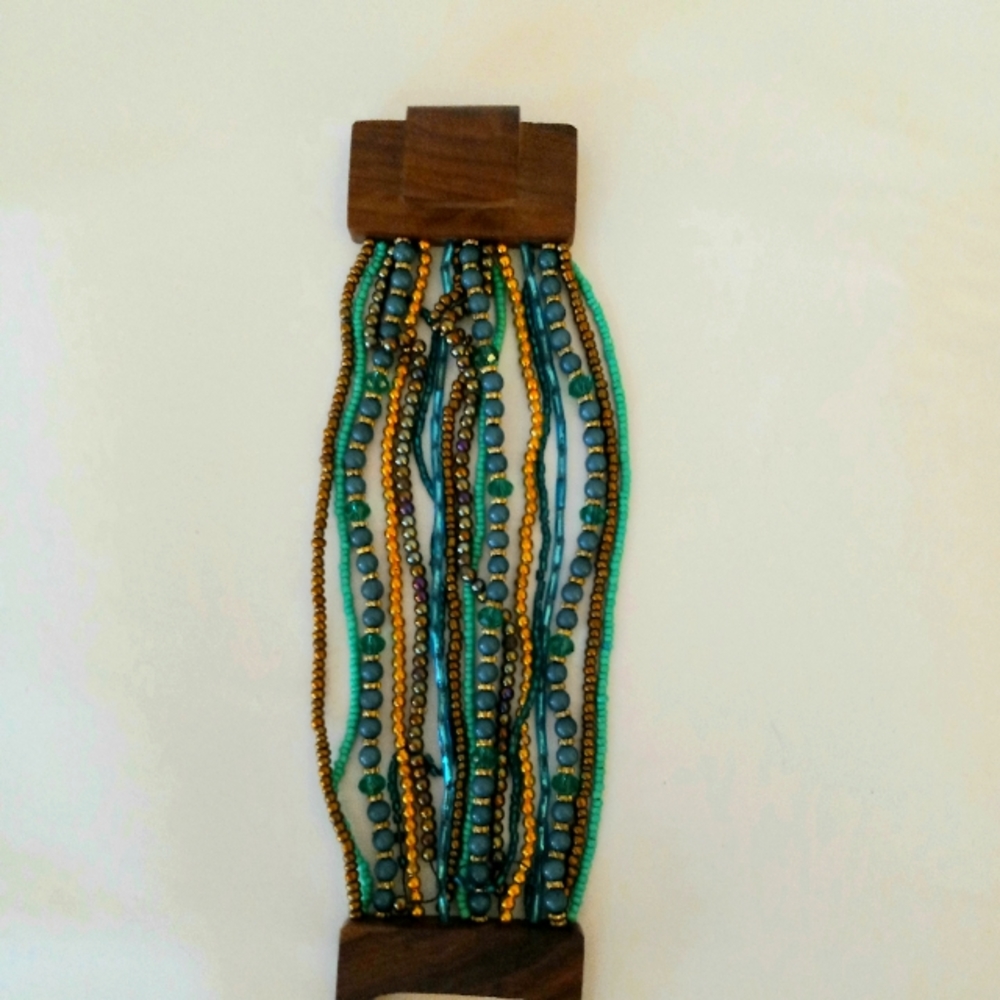 Boho coastal Beachy multi color beaded bracelet with wood buckle c…